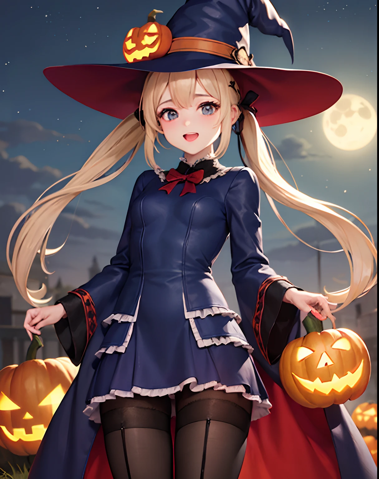 ​masterpiece、hiquality、1girl in、独奏、Marie Rose、cowboy  shot、embarassed expression、(((witch clothing)))、((long robe))、((pantyhose))、(long boots)、natta、Pumpkin Lantern、((a miniskirt))、fullmoon