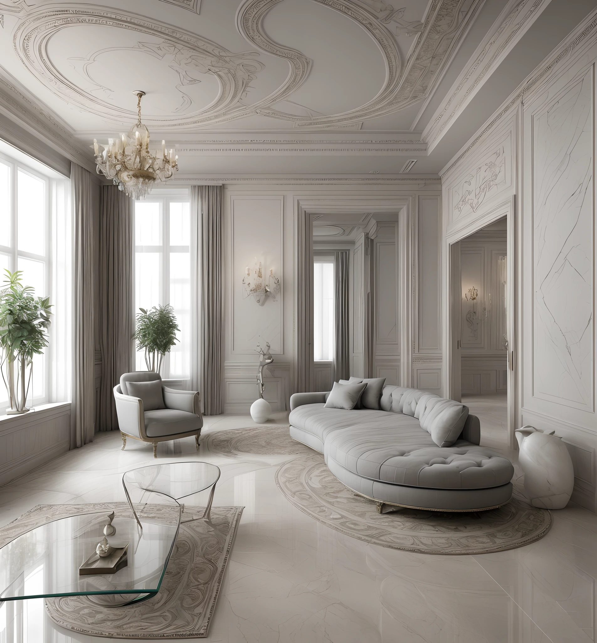 livingroom , high glass window, grey square carpet, marble on floor, serene and peaceful style, elegant and refined concept, sublime-comfy-elegant ambiance, stunning render, ornate and elegant, detailed neoclassical style, designed for cozy aesthetics, dramatic lights, high details, vray render, real