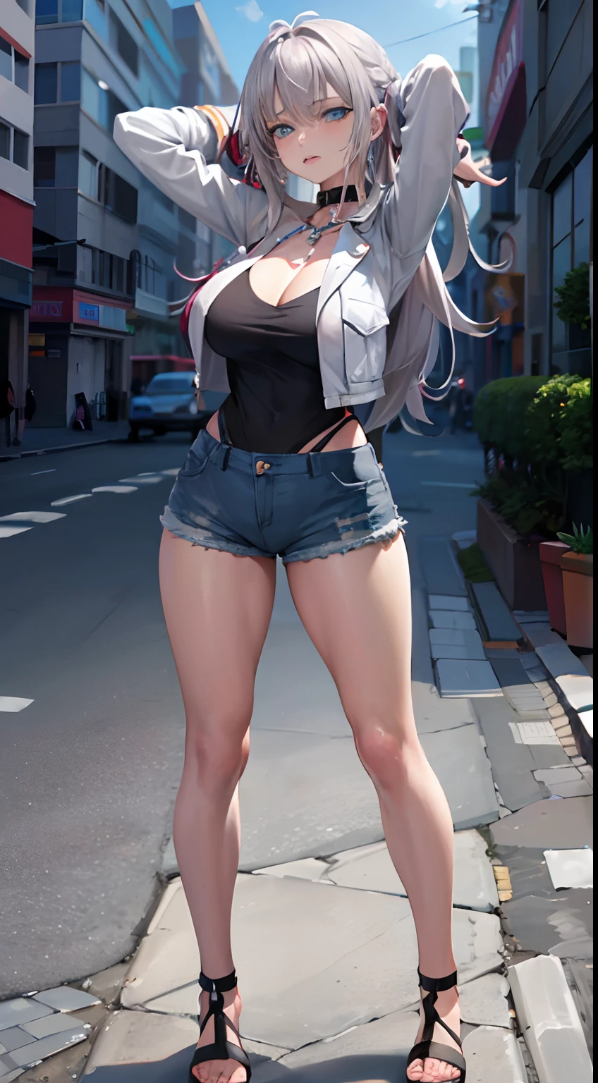 huge breast)),long hair,((silver hair,blue eyes)), daylight, sunlight, (perfect body : 1.0), collar, chain, full body shot, crowded street, wearing black tanktop, jeans jacket, ((shorts)),(masterpiece), (best quality:1.0), (ultra highres:1.0), beautiful lighting ,perfect lightning, realistic shadows, [highres], detailed skin, ultra-detailed,arms behind head, big breasts, anime style