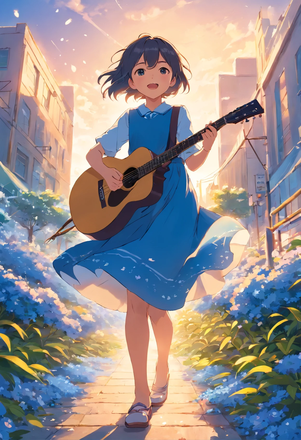 5 girl, wears with a blue dress, Sing with a guitar, little blue blossoms are falling all over the sky,