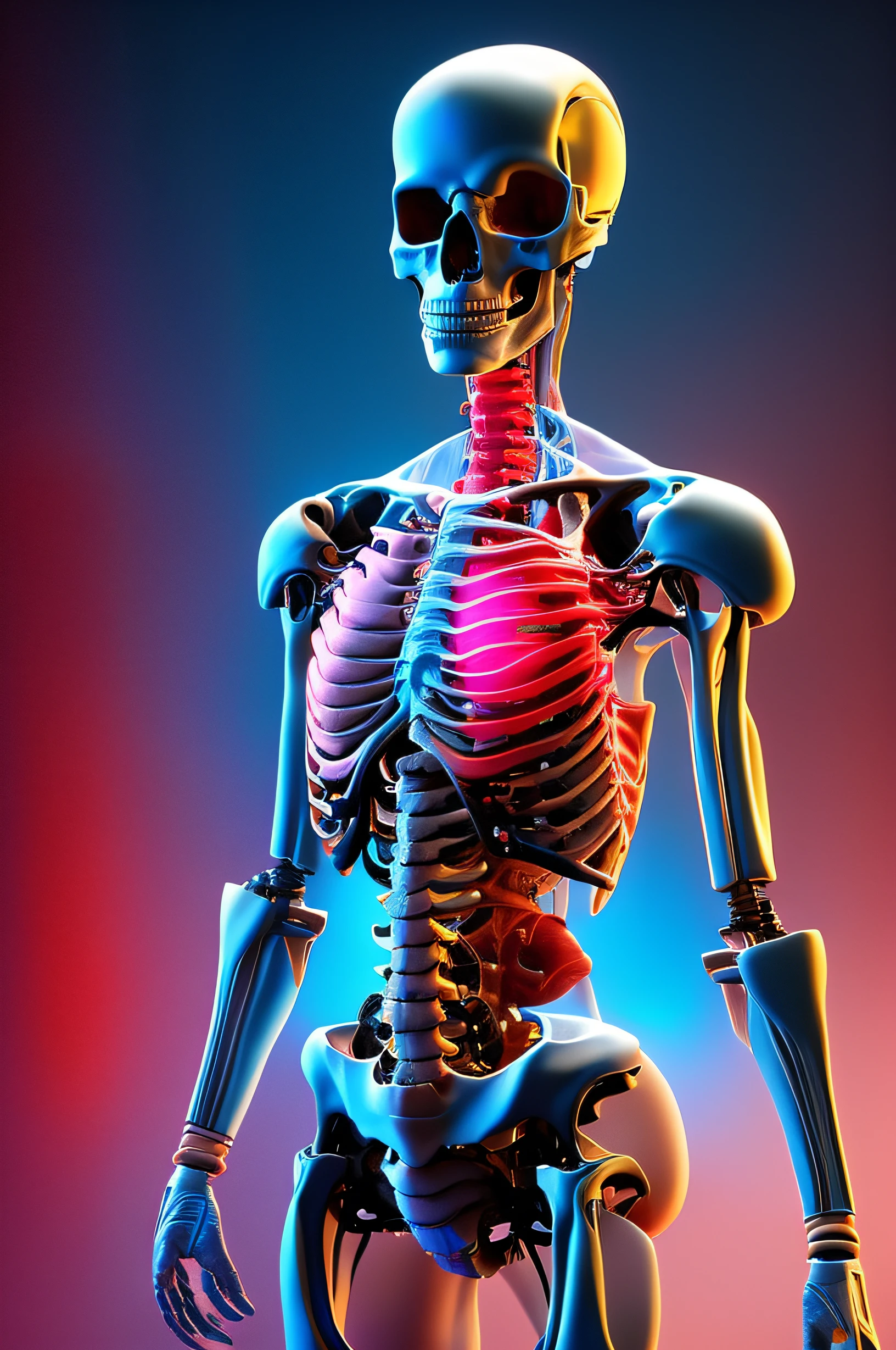 Human figure, transparent outline revealing all internal organs such as lungs, heart, diaphragm muscle, stomach, liver, intestines, on a black background, neon contours, human features on the face, male, richly detailed, 3D, full HD, 4K quality.