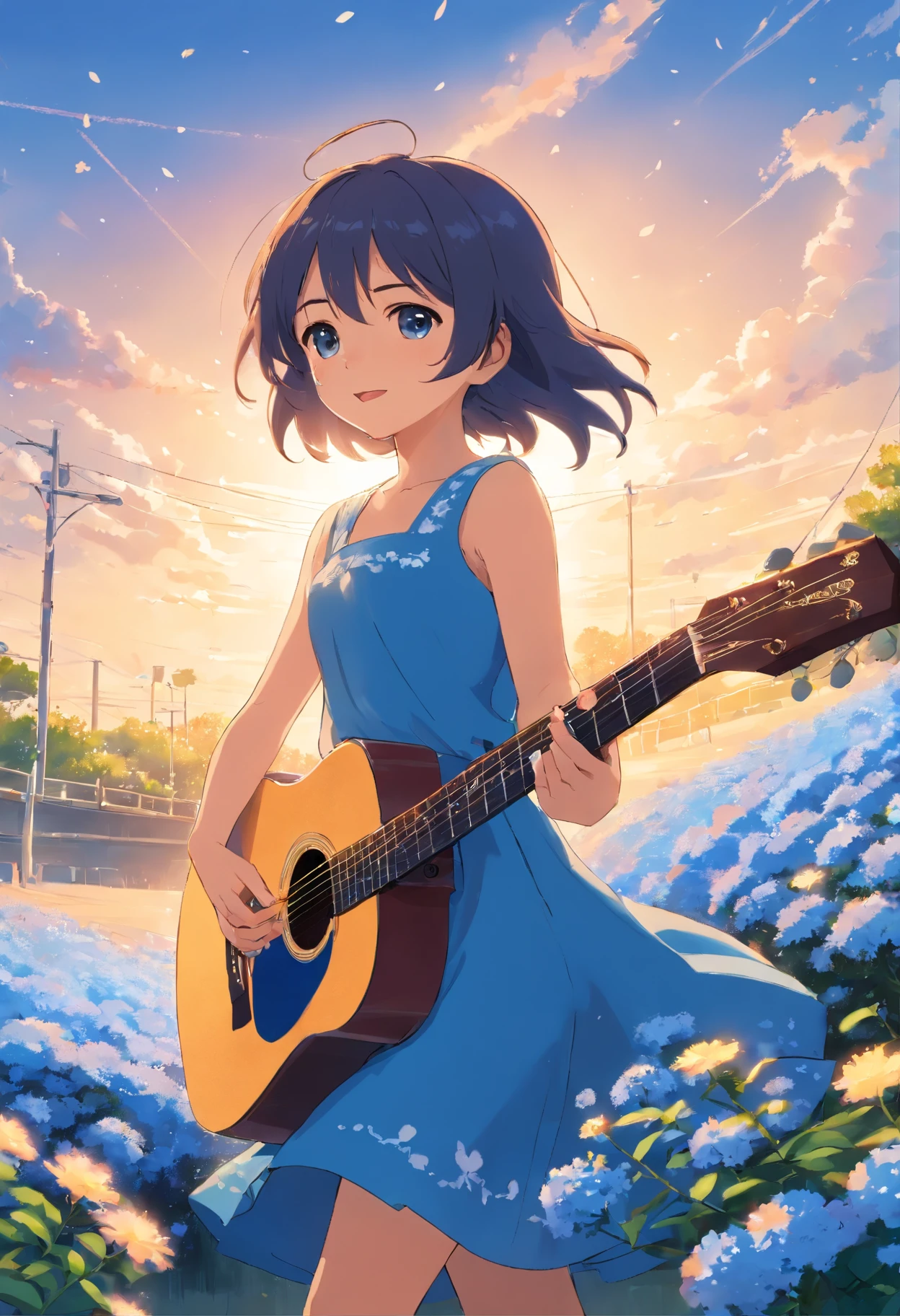 5 years old girl, wears with a blue dress, Sing with a guitar, little blue blossoms are falling all over the sky,