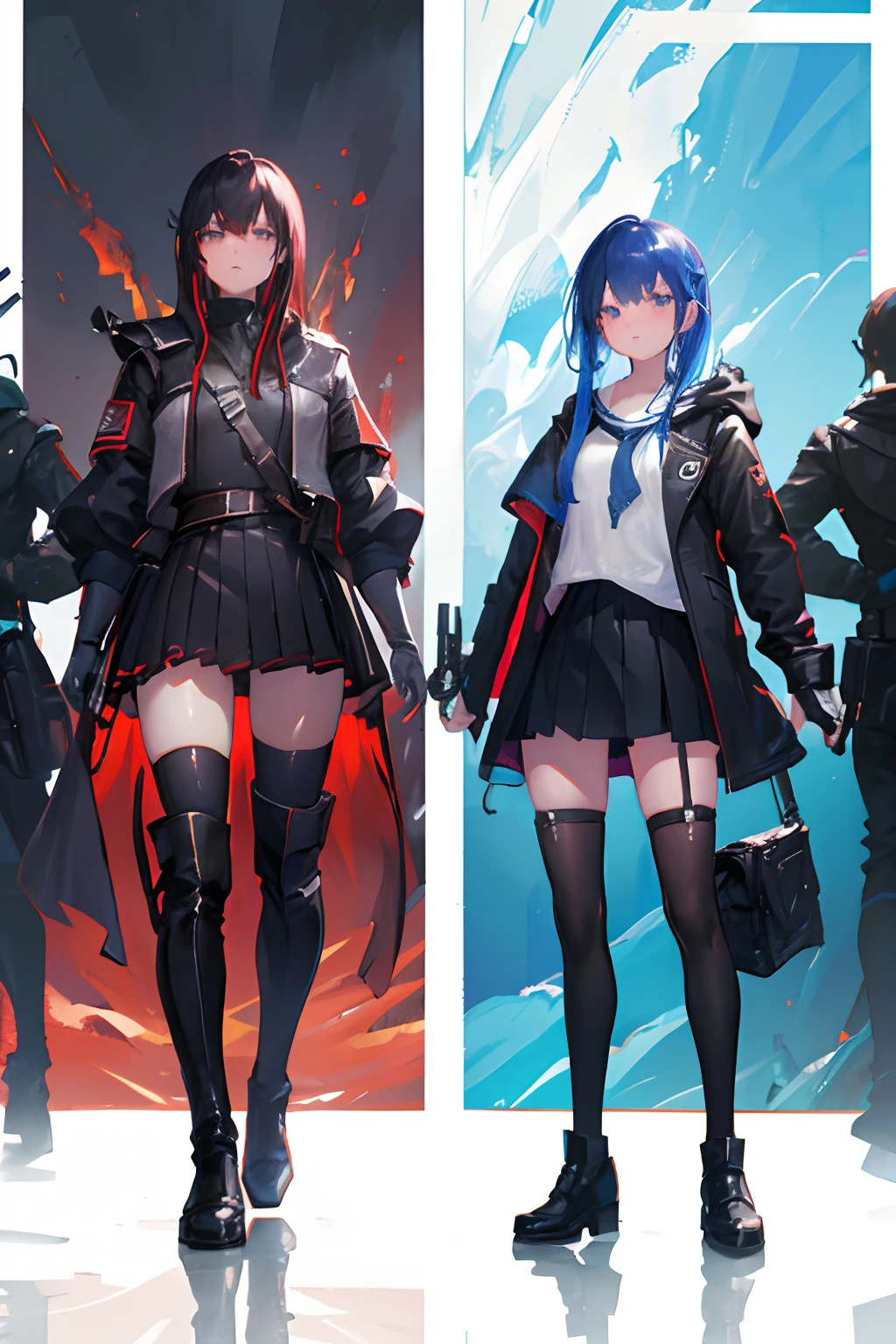 Wallpaper, Black Desert Online, Battle, Guns, Female, Friends, Teenagers in School Uniform , Small Chest, Full Body, Jacket in random Color, thighs, Stocking,