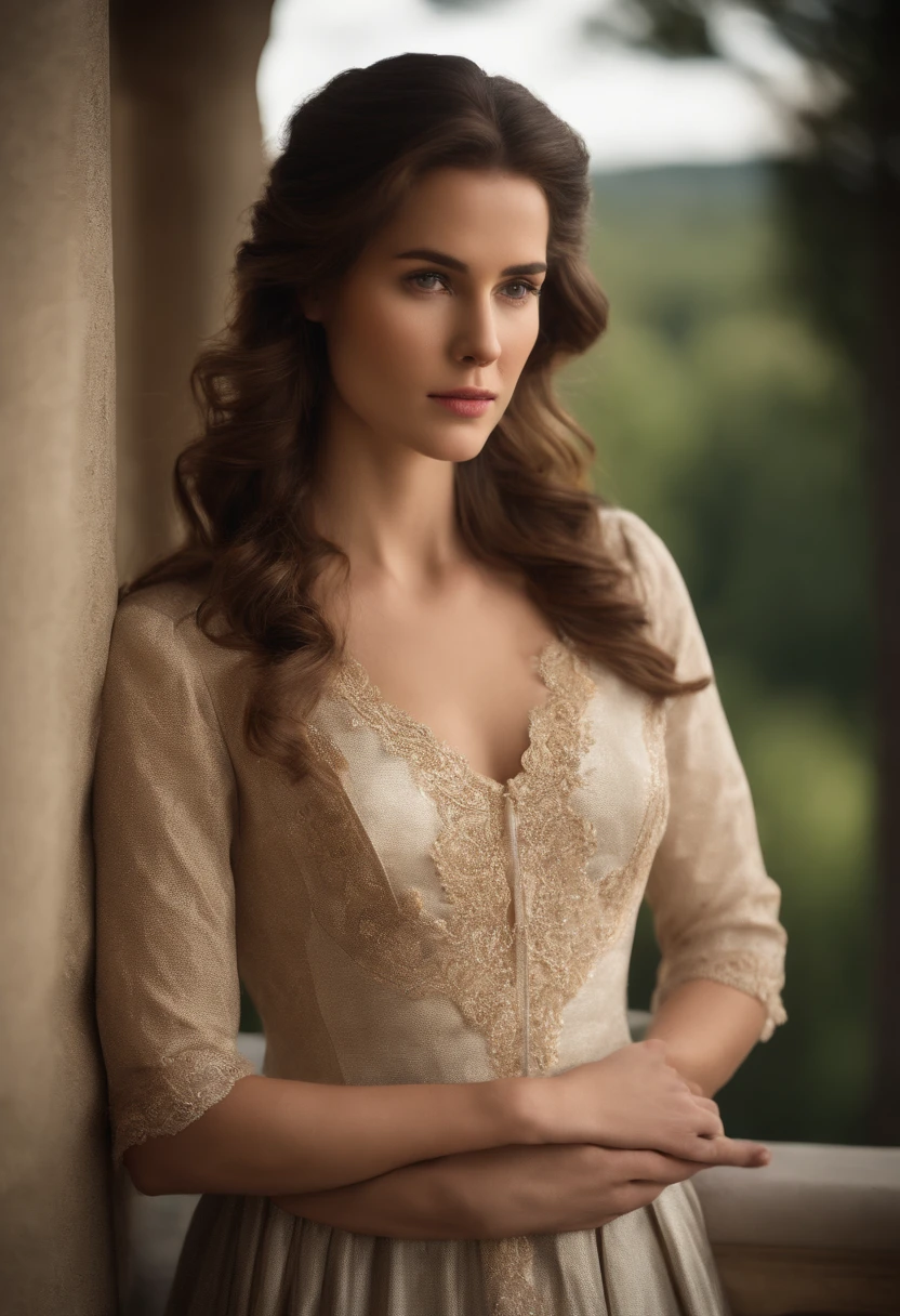 a young woman of approximately 25 years old, with long brown hair. She is tall, with an elegant and graceful stature. Laura has a confident posture and a serene expression on her face. She is wearing a vintage dress that flatters her figure and suits her unique personality. She is standing facing us, with her hands delicately placed at her sides. Her attitude conveys a sense of confidence and grace."