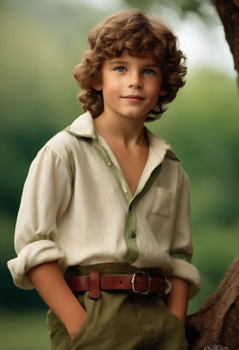 George is a young boy of about 10 years old with a mop of curly brown hair, bright blue eyes, and freckles on his nose. He is wearing a white shirt with the sleeves rolled up to his elbs, green baggy pants, brown boots, and brown belt. He wears a red kerchief arounf his neck.