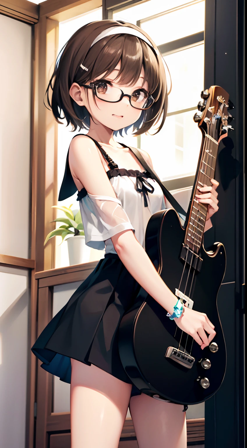 (masutepiece, Best Quality, Capture super cute moments, depth of fields, ultra-detailliert, Ultra High Resolution, C4D, Octadale, 3D Modeling, 8K, 16 K, one girls,a , small tits,A dark-haired,short-hair,straight haired,Light brown eyes, horseshoe-shaped hairband,wearing black glasses,Cute face) 、bass guitar、Play the bass