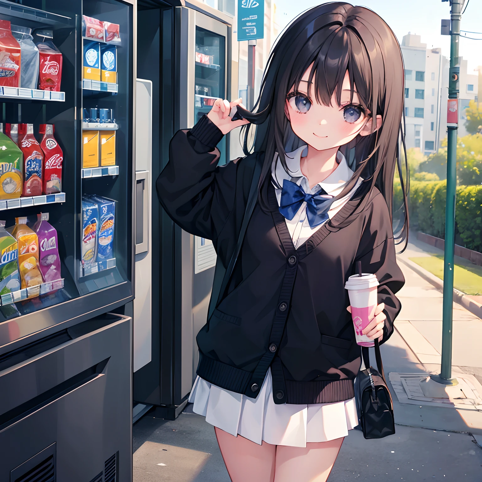 girl with、1 persons、Dark hair、Black eyes、length hair、A smile、校服、Cardigan、Schools、a park、outside of house、Press the button on the vending machine、drinks