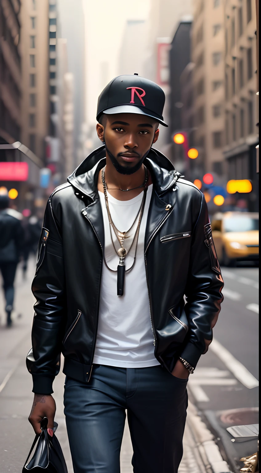 Un tres bel homme black marche avec assurance dans les rue de new york au petit matin ambiance jazz album hip hop lofi