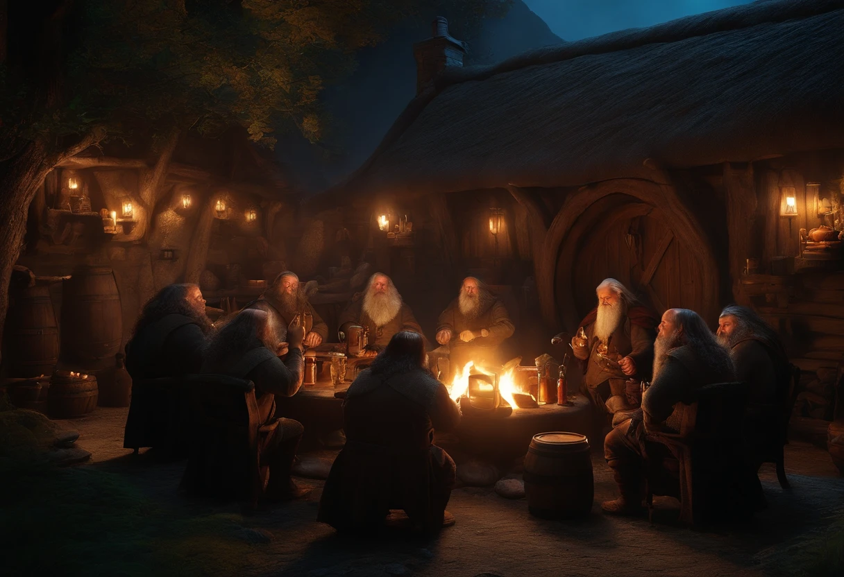Lord of the Rings tavern with several dwarves drinking beer by a bonfire. alta definicion