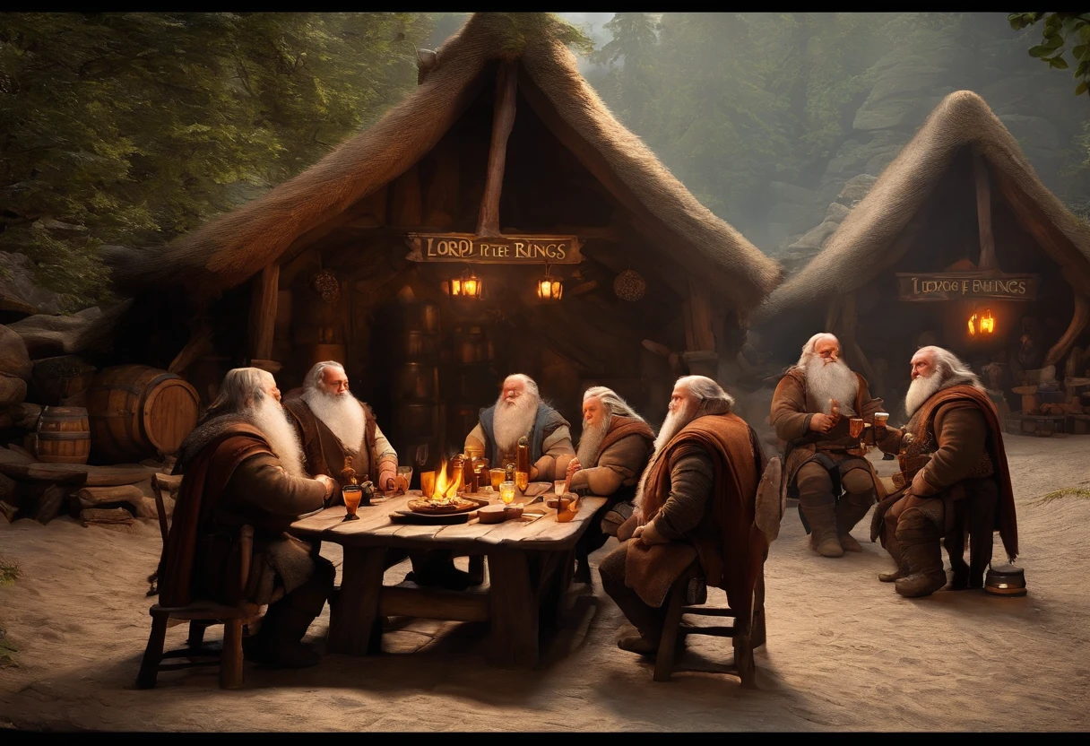 Lord of the Rings tavern with several dwarves drinking beer by a bonfire. alta definicion