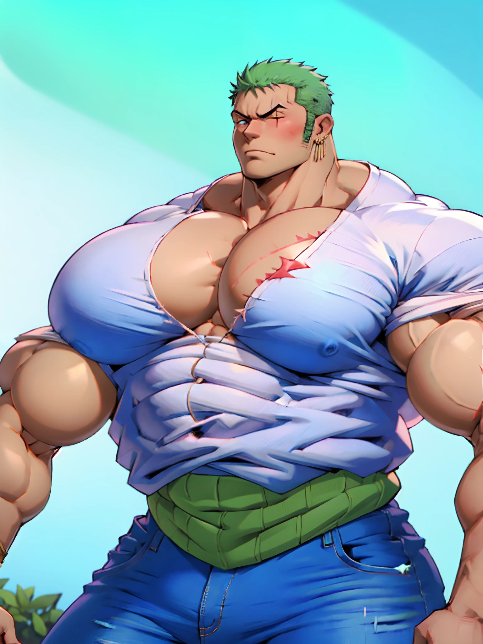 Tremendously massive mega beefy Beefcake roronoa zoro, ginormous thick thighs, colossal beefy butt, enormous muscle chest, jutting pecs, white v-neck tee shirt, blue jeans