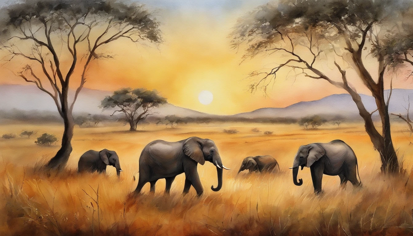 Four paintings of elephants in a field with trees and a sunset, scenery artwork, Savana Africana, Estepe africana, landscape of africa, savana, pinturas detalhadas do guache, estilo de pintura em aquarela, pintura detalhada em aquarela, arte detalhada em aquarela, oil paintings, african plains, pintura em aquarela, pintura em aquarela, Aquarelas sobre tela, Pinturas detalhadas, arte waterpaint, Paisagens