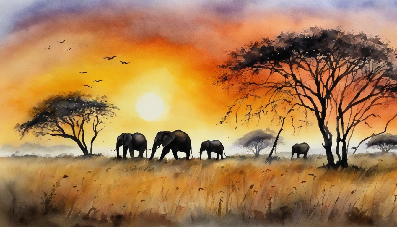 Four paintings of elephants in a field with trees and a sunset, scenery artwork, Savana Africana, Estepe africana, landscape of africa, savana, pinturas detalhadas do guache, estilo de pintura em aquarela, pintura detalhada em aquarela, arte detalhada em aquarela, oil paintings, african plains, pintura em aquarela, pintura em aquarela, Aquarelas sobre tela, Pinturas detalhadas, arte waterpaint, Paisagens
