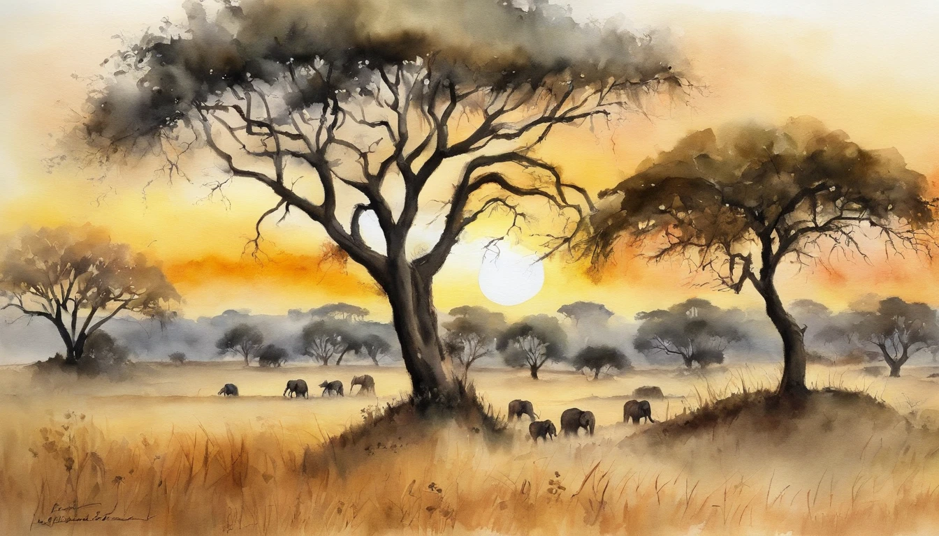 Four paintings of elephants in a field with trees and a sunset, scenery artwork, Savana Africana, Estepe africana, landscape of africa, savana, pinturas detalhadas do guache, estilo de pintura em aquarela, pintura detalhada em aquarela, arte detalhada em aquarela, oil paintings, african plains, pintura em aquarela, pintura em aquarela, Aquarelas sobre tela, Pinturas detalhadas, arte waterpaint, Paisagens