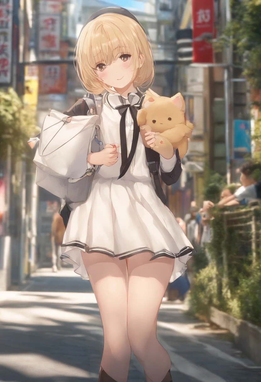 Shibuya,Center Street,hi-school girl,a blond,校服,Papa Katsu,bag,Holding hands,high-level image quality,hiquality,be shy,embarrassed from
