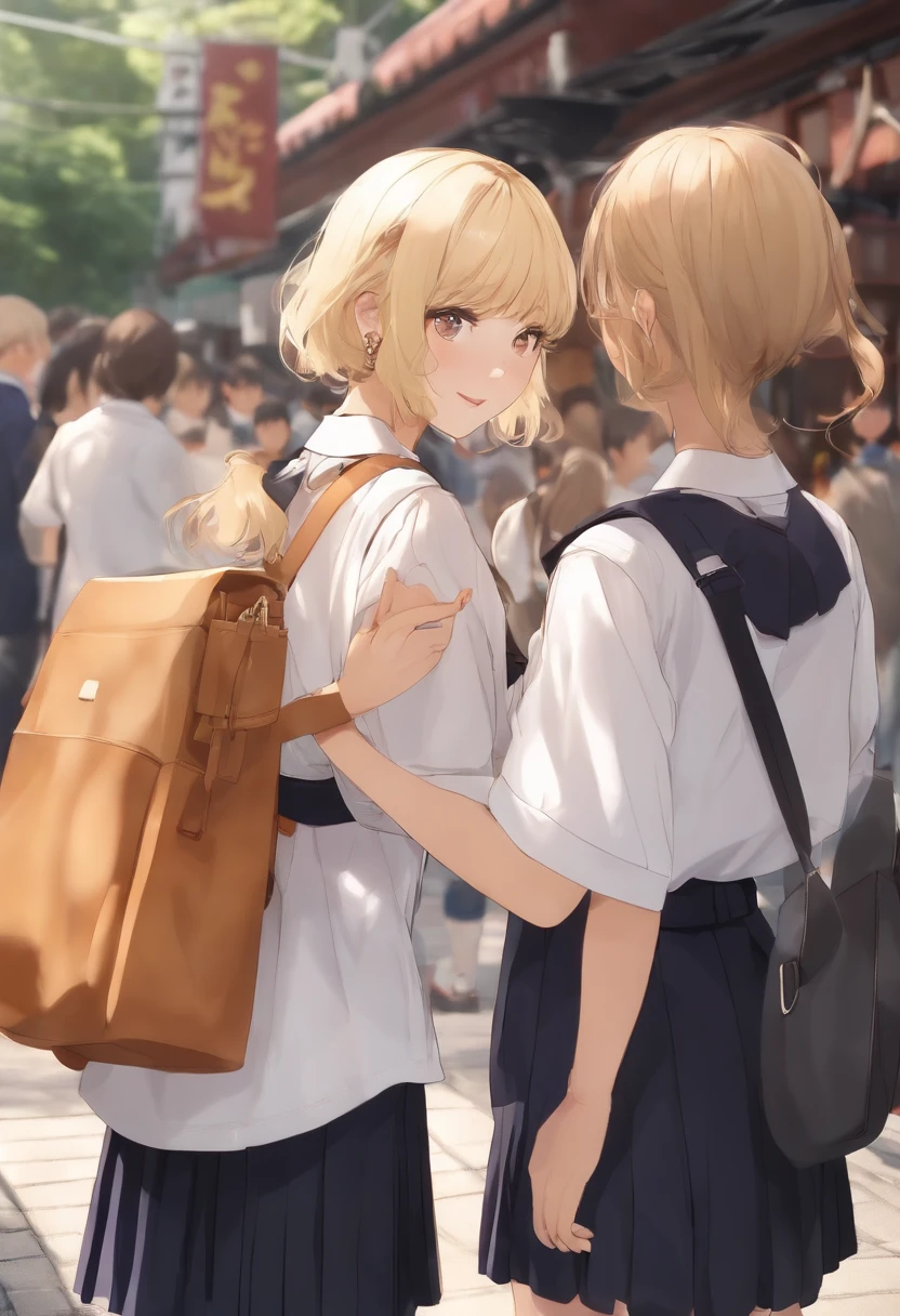 Shibuya,Center Street,hi-school girl,a blond,校服,Papa Katsu,bag,Holding hands,high-level image quality,hiquality,be shy,embarrassed from