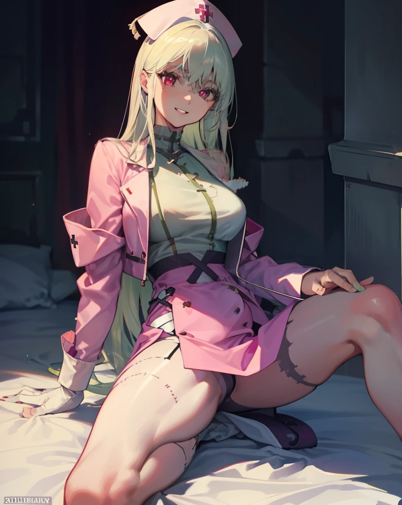 DETAILED, DENSE, MASTERPIECE, one girl, beautiful, 22 years old, smooth skin, glowing skin, glowing hair, clear eyes, glowing eyes, red eyes, soft lips,(viewer Looking down: 0. 8) smiling slightly, cheeks stained, mouth open, one girl, soft skin, large breasts, glowing skin, (Masterpiece: 1.0), (Realistic: 1.6), (Soft Focus: 1.5), full body, big lips, sexy face, sharp eyes, grin, skinny waist, (((skinny waist))), pastel pink jacket,smile,body horror,nurse,scary, sexy, zombie, decay, sharp teeth, green skin, patchwork, white hair, stitched, undead,dead eyes