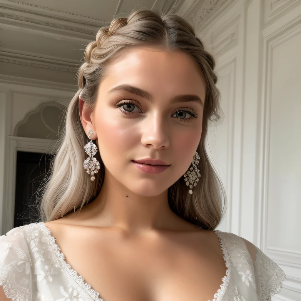 (Best quality, Masterpiece:1.2), ultra highres, Realstic, front lighting, intricate high detail, Exquisite details and textures, 1fille, seulement ,(jeune), Visage en surbrillance, Haut du corps, Detailed face, Taupe lacrymale, peau blanche, silver-haired, Queue, braid hair, Regarder le spectateur, Grands yeux, Robe de soie, (motif creux, blanc, soie), earrings, petits seins, corps mince, Chambre Luxe, professional lighting, Cartographie des photons, radiosity, Rendu physique,