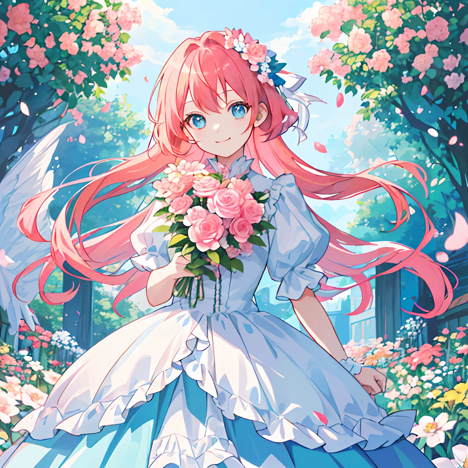 (tmasterpiece、top-quality、illustratio、Extremely high quality、high-level image quality、Extremely sensitive writing)Girl with long orange-pink hair and blue eyes standing in beautiful flowery garden、A slight smile、She has a large bouquet、Cute national white and blue costume style dress，There are ruffles on the shoulders、Hair fluttering in the wind