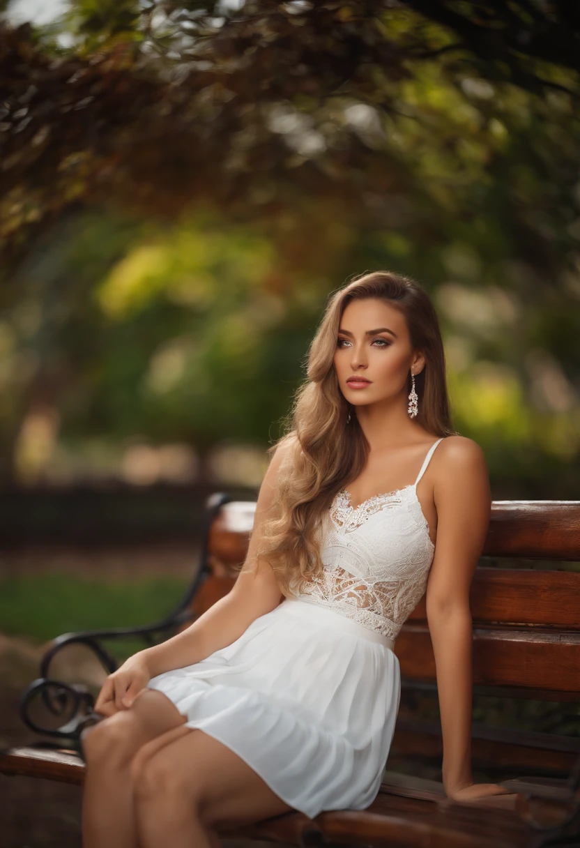stunning girl, curvy body, full body photo, bare legs, long legs, short white skirt, low cut top, sitting on bench, outdoors, side pose, mean look
