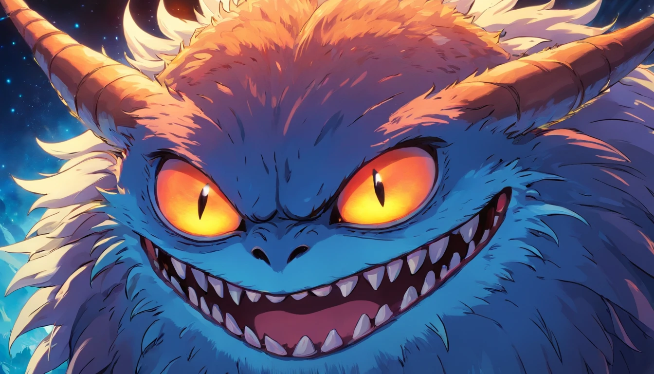 Close up of a monster with glowing eyes.