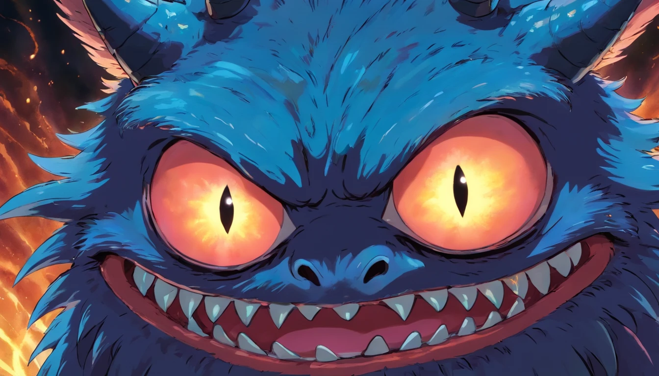 Close up of a monster with glowing eyes.
