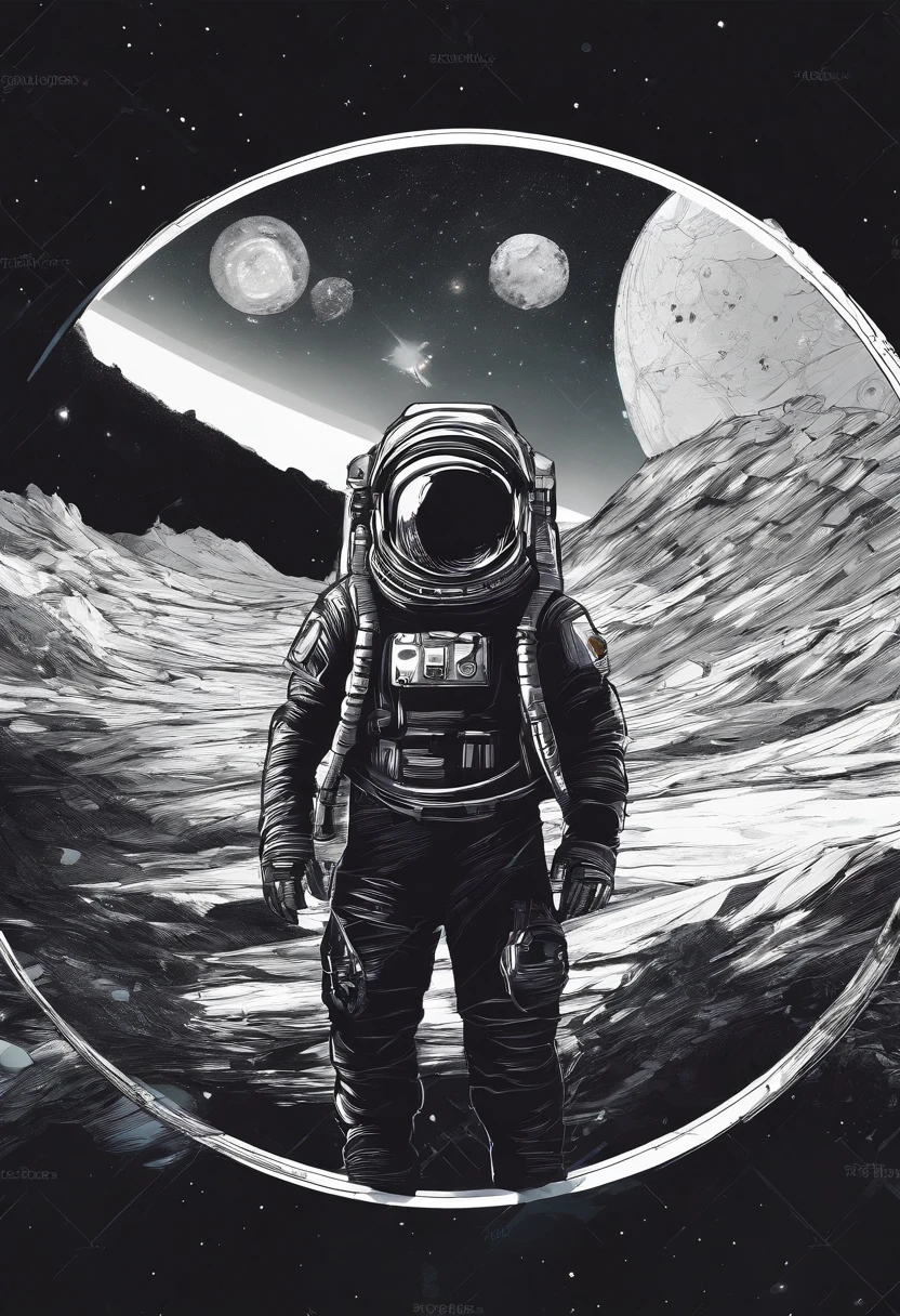 An astronaut facing and in a nighttime landscape of rocky planet, spherical helmet, stars in the sky, T-shirt design, rzminjourney, vector art