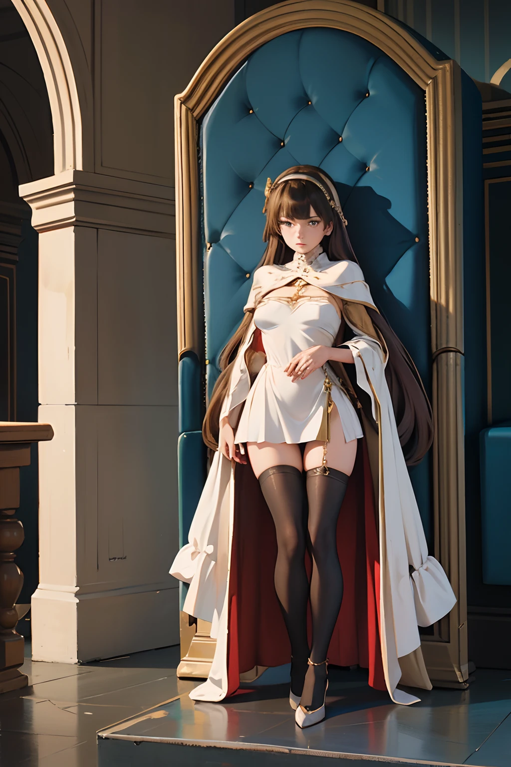 Masterpiece, perfectly detailed, 1 mature woman of 25 years, the most beautiful woman, very large breasts, sagging breast, naughty look, full body, sadistic expression, medieval clothing, mini dress, revealing clothing, royalty, golden high heels, tight red stockings thigh high, full body, front view, golden brown hair, standing, dynamic pose, throne room in the background @n4d1e