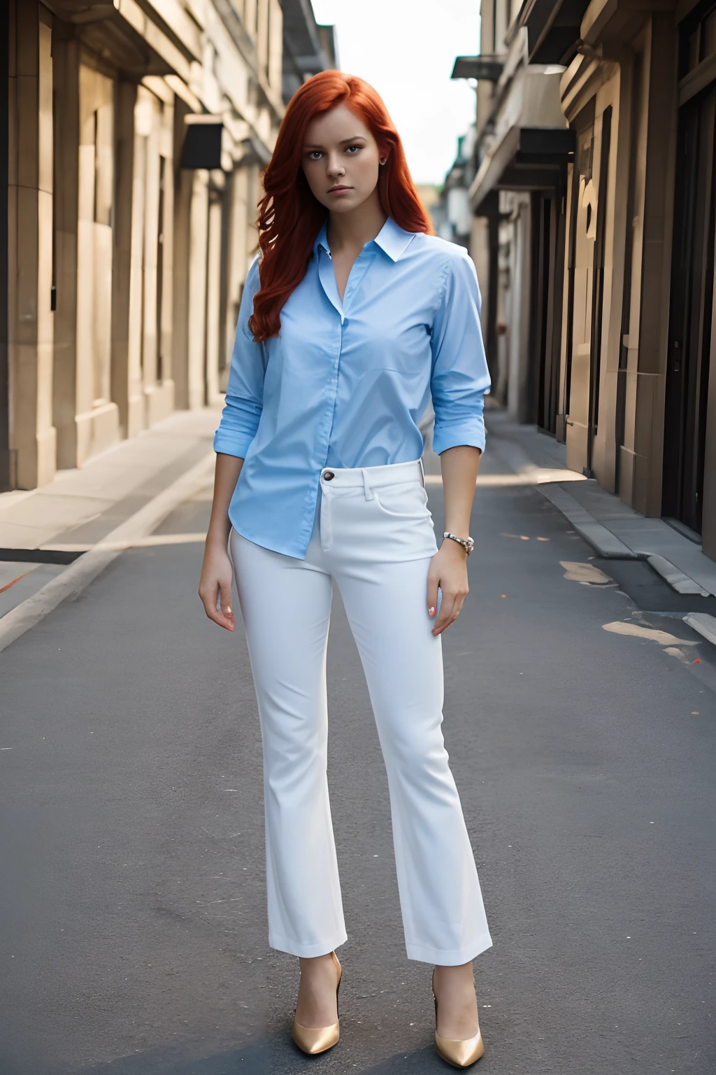 Full-length view of a young red-haired angry young woman wearing white pants and a light blue shirt