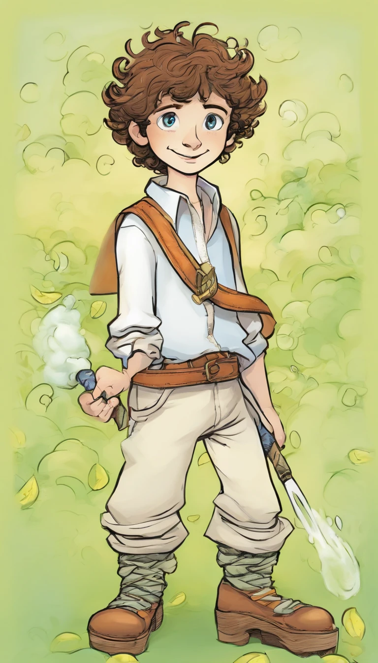 George is a young boy of about 10 years old with a mop of curly brown hair, bright blue eyes, and freckles on his cheeks and nose. He is wearing a white shirt with the sleeves rolled up to his elbows, green baggy pants, brown boots, and brown belt, a red kerchief around his neck.