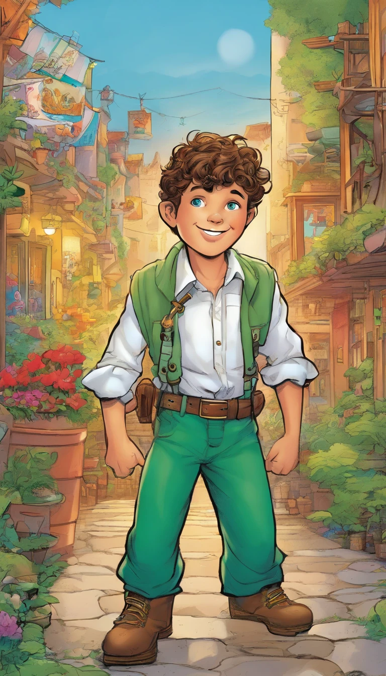 George is a young boy of about with a mop of curly brown hair, bright blue eyes, and freckles on his cheeks and nose. He is wearing a white shirt with the sleeves rolled up to his elbows, green baggy pants, brown boots, and brown belt, a red kerchief around his neck.