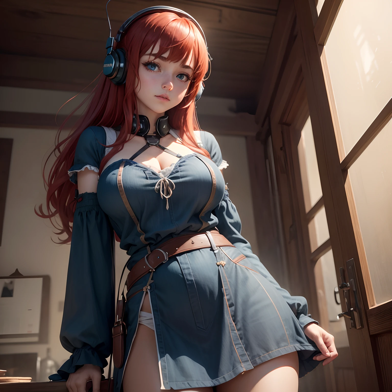 8k, masterpiece, best quality, realistic, higly detailed, cowboy shot, 1girl, solo, miku, emotionless looking girl, medium-length red hair, strands of hair hanging over the right side of her face, a set of wireless headphones that have a triangle-shaped logo on the ear cups around her neck, dark blue eyes, average height, well-endowed figure, large breasts, bangs cover her right eye, Wizard