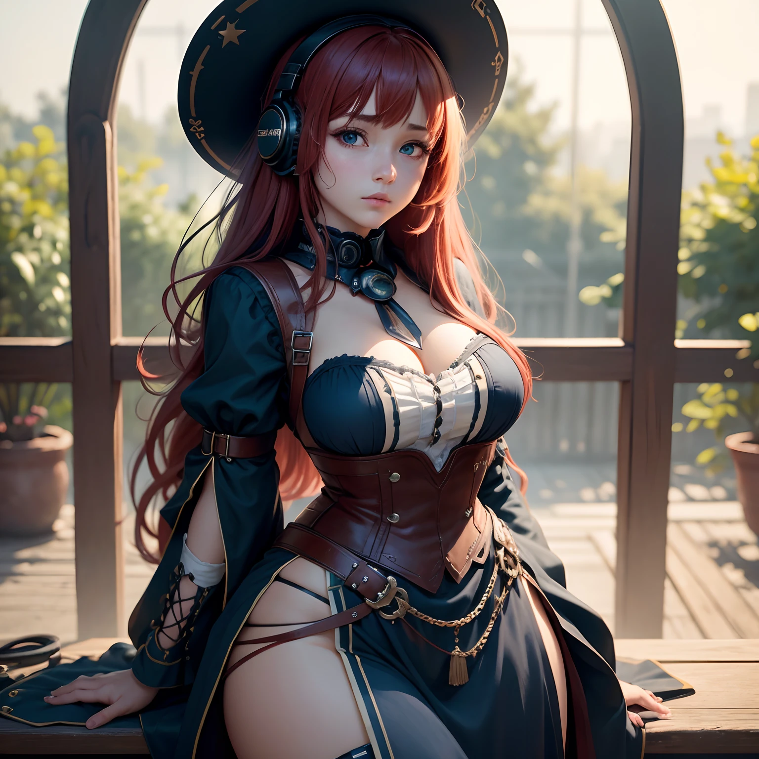 8k, masterpiece, best quality, realistic, higly detailed, cowboy shot, 1girl, solo, miku, emotionless looking girl, medium-length red hair, strands of hair hanging over the right side of her face, a set of wireless headphones that have a triangle-shaped logo on the ear cups around her neck, dark blue eyes, average height, well-endowed figure, large breasts, bangs cover her right eye, Wizard
