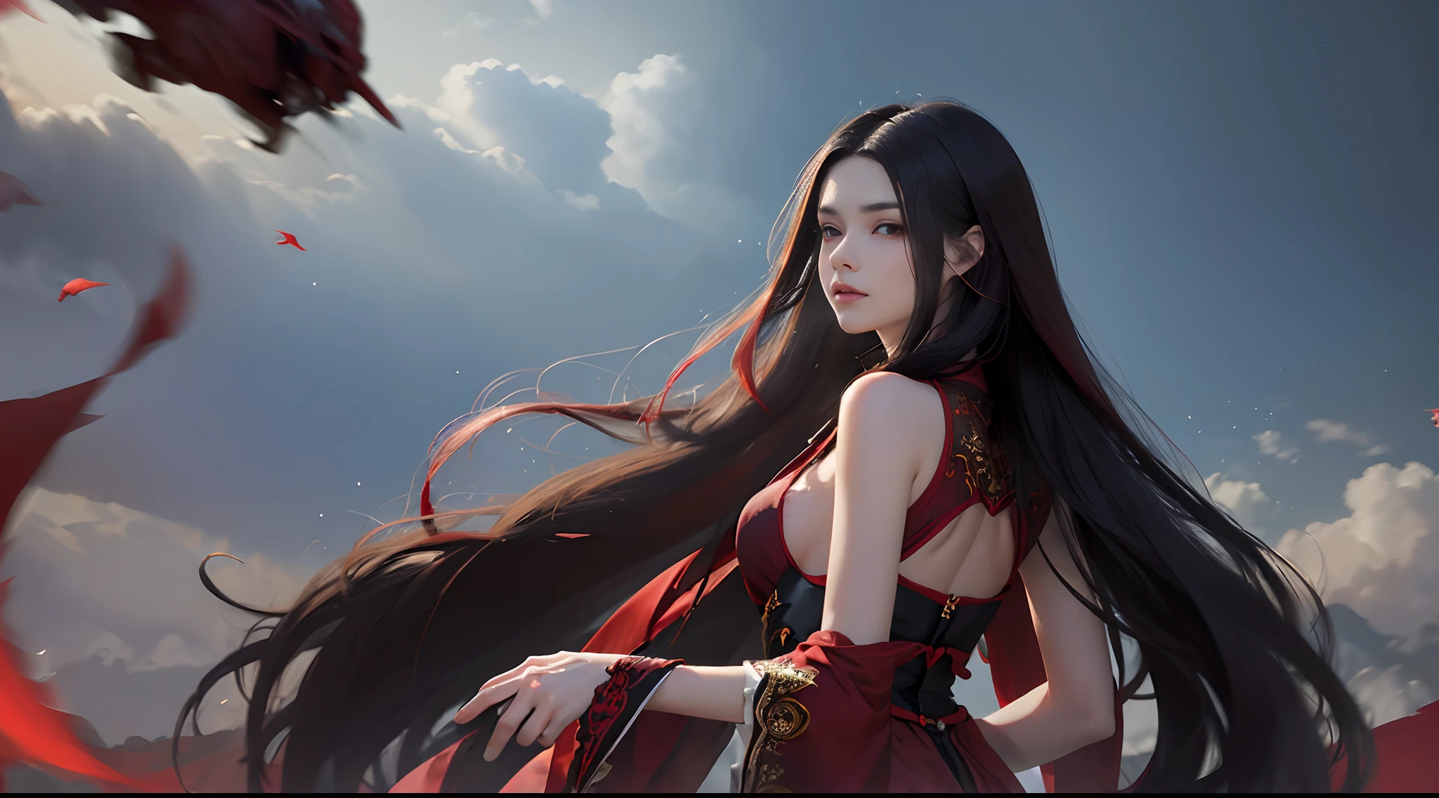 (​masterpiece), ((top-quality)), (ultra-detailliert), ((extremely delicate and beautiful)),the Extremely Detailed CG Unity 8K Wallpapers,细致背景,(Exquisite color by blocks),(Exquisite color by blocks),Depth Field,colourfull,、Beautiful detailed sky、natta、(Circumferential flow)、cosmic background、Stand on a calm lake，Woman showing her back，
光线追踪，Lights to plug in，Lonely look，Red highlights for black hair，Long straight hair，Delicately expresses realistic skin texture，Cover the body with spiral luminescence，fireflys