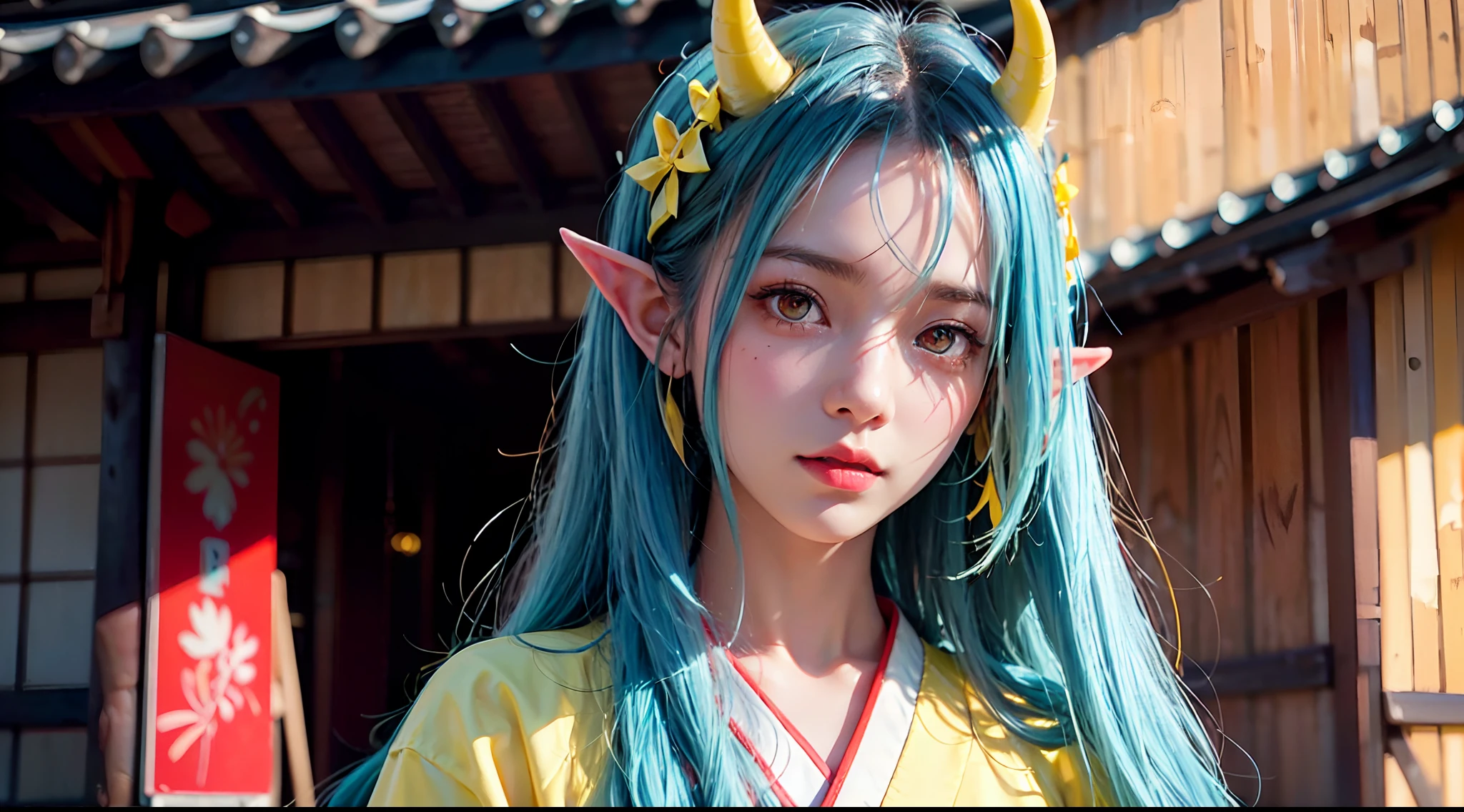 RAW, professional photograph, movie photograph, medium shot, Female elf, (((little yellow horns))), twenty years old, night, athletic body, soft facial features, long hair, straight hair, (((pacific cyan hair))), (((red eyes faded to yellow))), japanese female uniform, traditional japanese village, Realism, hyperrealism, ray tracing, high details, super detail, UHD, 8k