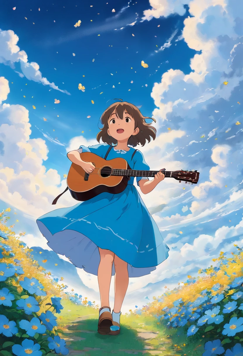 5 years old girl, wears with a blue dress, Sing with a guitar, little blue blossoms are falling all over the sky,