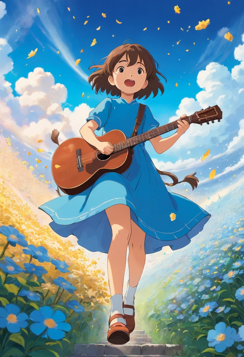 5 years old girl, wears with a blue dress, Sing with a guitar, little blue blossoms are falling all over the sky,