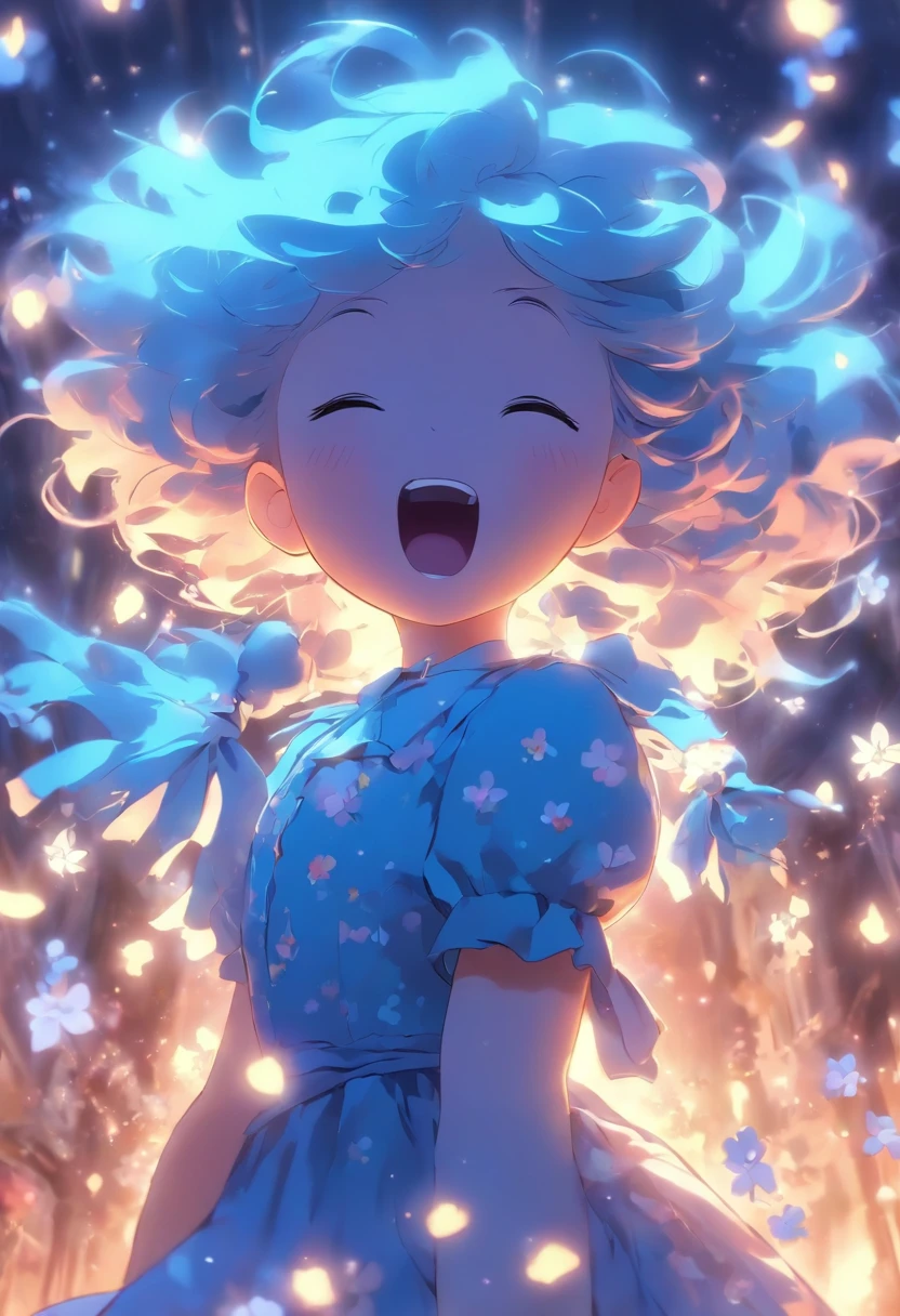 5 years old girl, wears with a blue dress, Sing with a guitar, little blue blossoms are falling all over the sky,