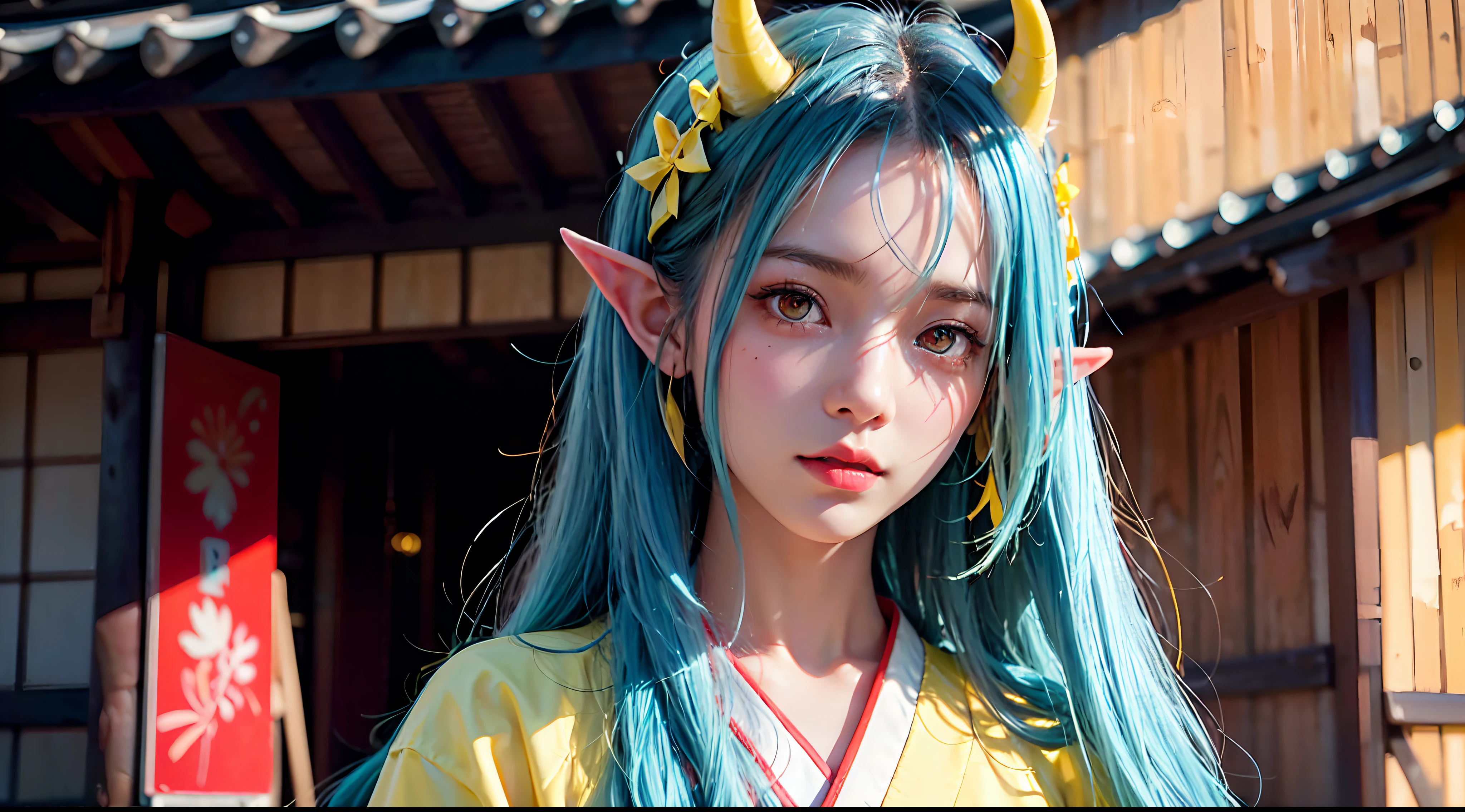 RAW, professional photograph, movie photograph, medium shot, Female elf, (((little yellow horns))), twenty years old, night, athletic body, soft facial features, long hair, straight hair, (((pacific cyan hair))), (((red eyes faded to yellow))), japanese female uniform, traditional japanese village, Realism, hyperrealism, ray tracing, high details, super detail, UHD, 8k