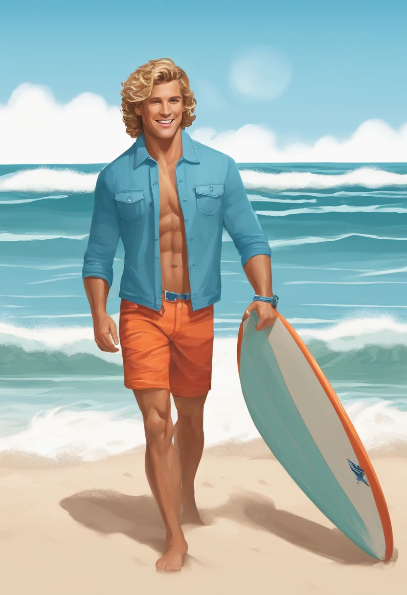 Brody boasts a sun-kissed tan that's the envy of all his beach buddies. His curly blonde hair falls in a tousled mane that's constantly tousled by the salty ocean breeze. With an athletic build, he stands at a comfortable 6'0" and is always ready to ride the next big wave. Brody's bright blue eyes mirror the endless expanse of the ocean, sparkling with the excitement of his favorite sport.
Features:
Beachwear: He's often dressed in board shorts, a tank top, and flip-flops, keeping his attire casual and surf-ready.
Accessory: A string of beaded bracelets adorns his wrist, each bead a memento from a different surf spot around the world.
COMICBOOK STYLE