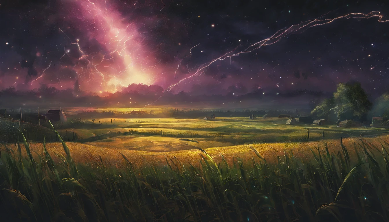 Stormy night in the cornfields with galaxies in the sky colliding