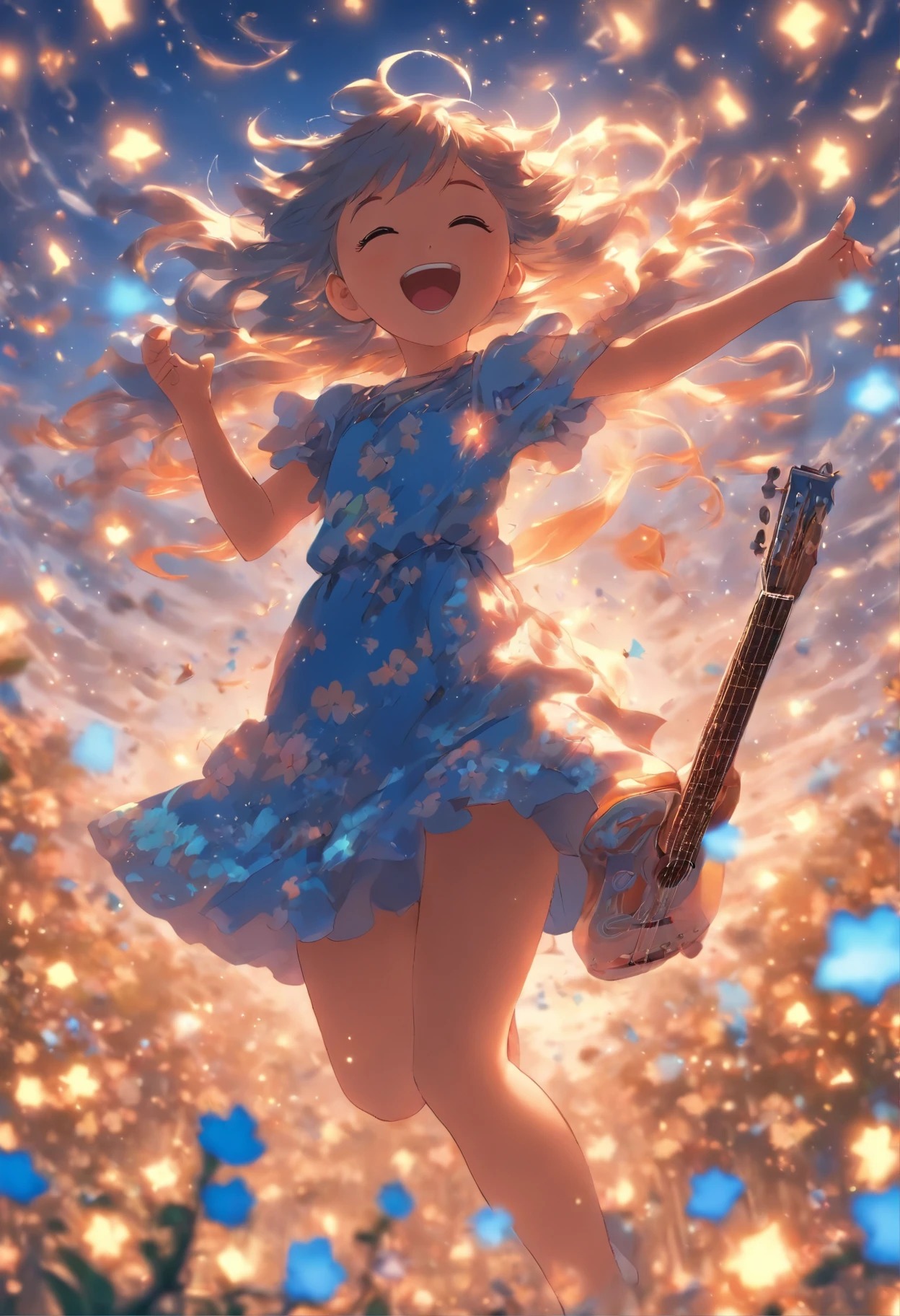 5 girl, wears with a blue dress, Sing with a guitar, little blue blossoms are falling all over the sky,