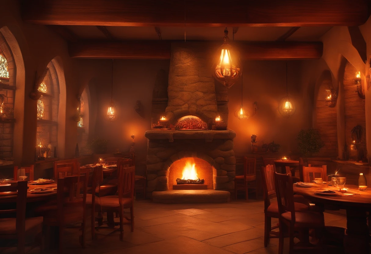 interior de una taberna estilo world of warcraft con enanos comiendo junto a una chimenea