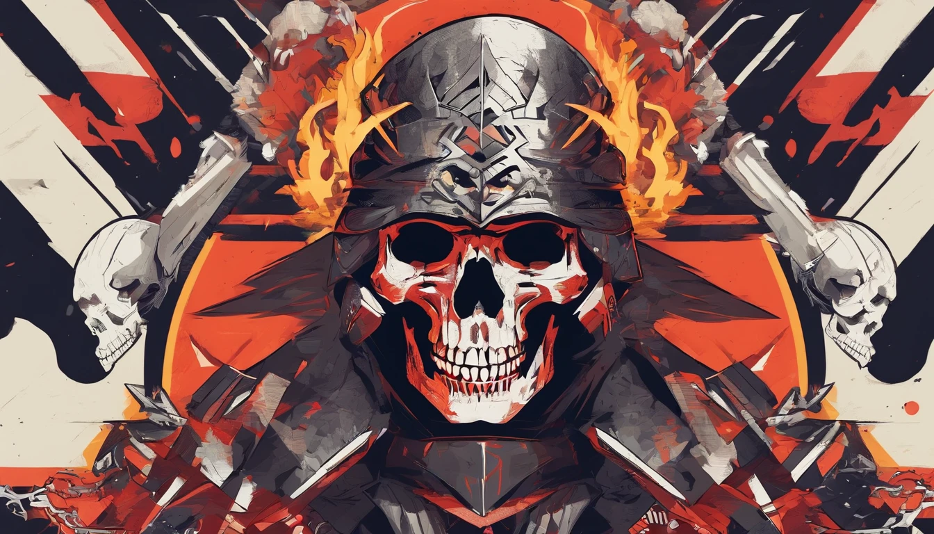 Skull warrior with flames, skeleton with armor and sword, dark, macabre, epic, horror.