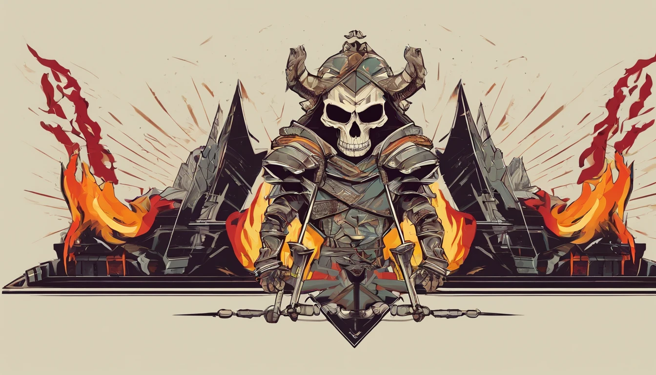 Skull warrior with flames, skeleton with armor and sword, dark, macabre, epic, horror.