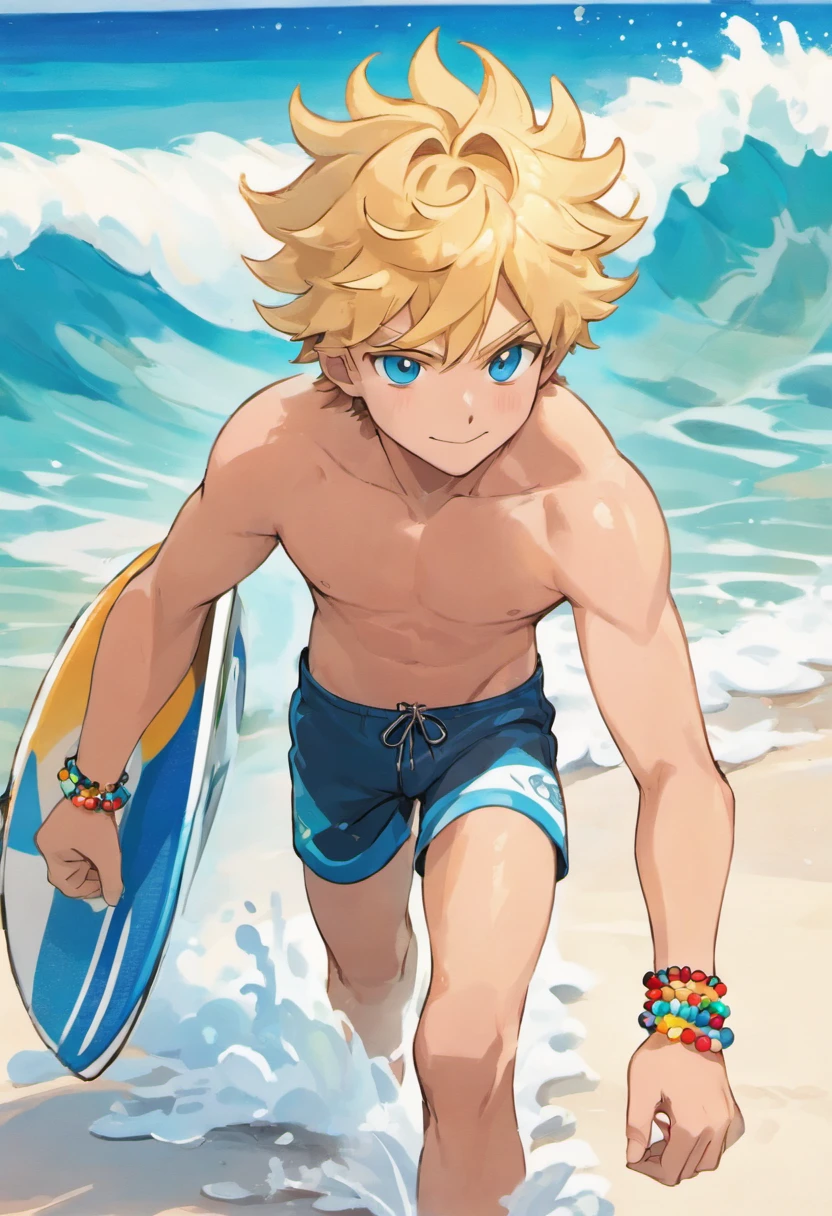 Brody boasts a sun-kissed tan that's the envy of all his beach buddies. His curly blonde hair falls in a tousled mane that's constantly tousled by the salty ocean breeze. With an athletic build, he stands at a comfortable 6'0" and is always ready to ride the next big wave. Brody's bright blue eyes mirror the endless expanse of the ocean, sparkling with the excitement of his favorite sport.
Features:
Beachwear: He's often dressed in board shorts, a tank top, and flip-flops, keeping his attire casual and surf-ready.
Accessory: A string of beaded bracelets adorns his wrist, each bead a memento from a different surf spot around the world.