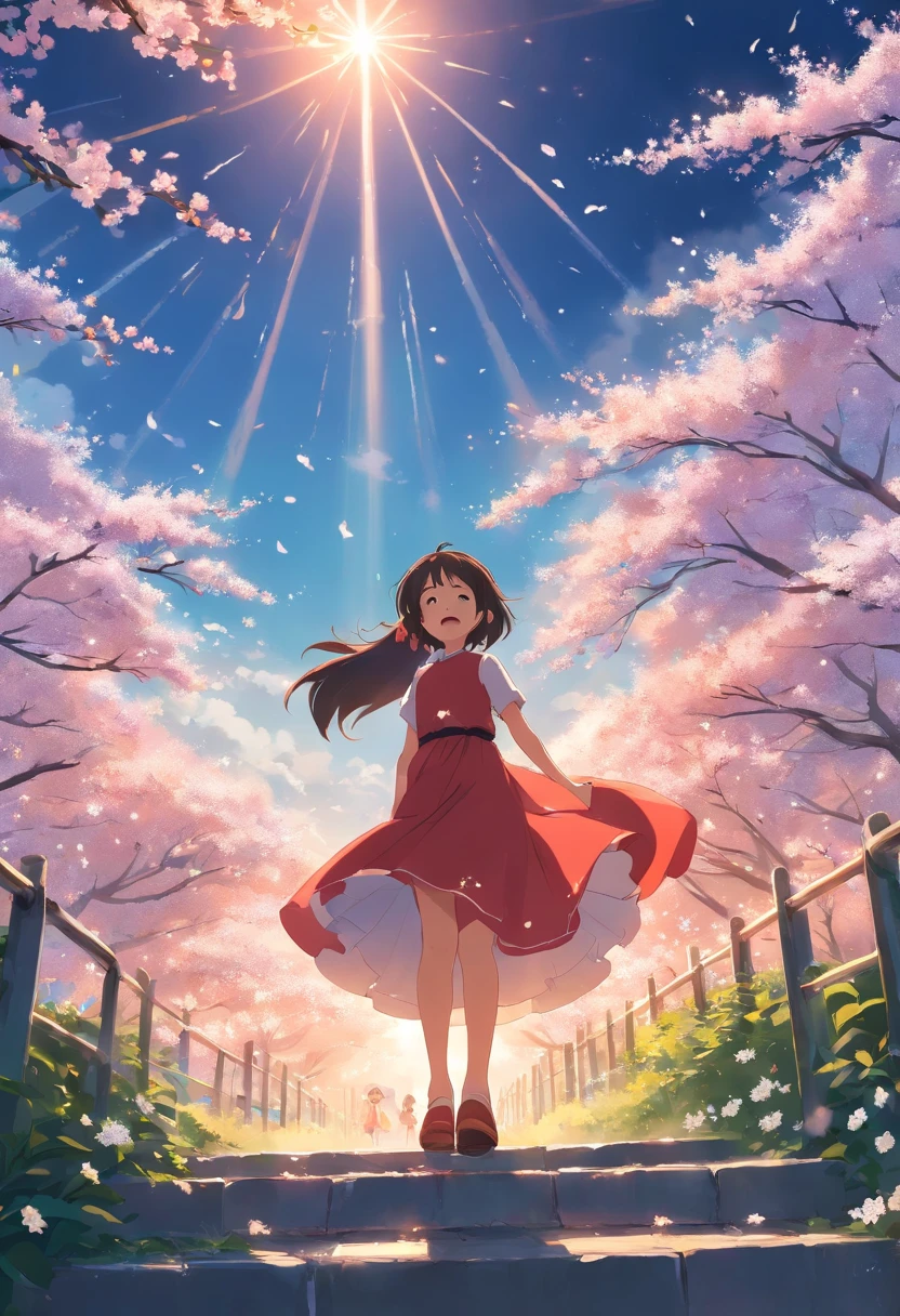 5 years old girl, wears with a red dress, Sing with a guitar, little white blossoms are falling all over the sky,