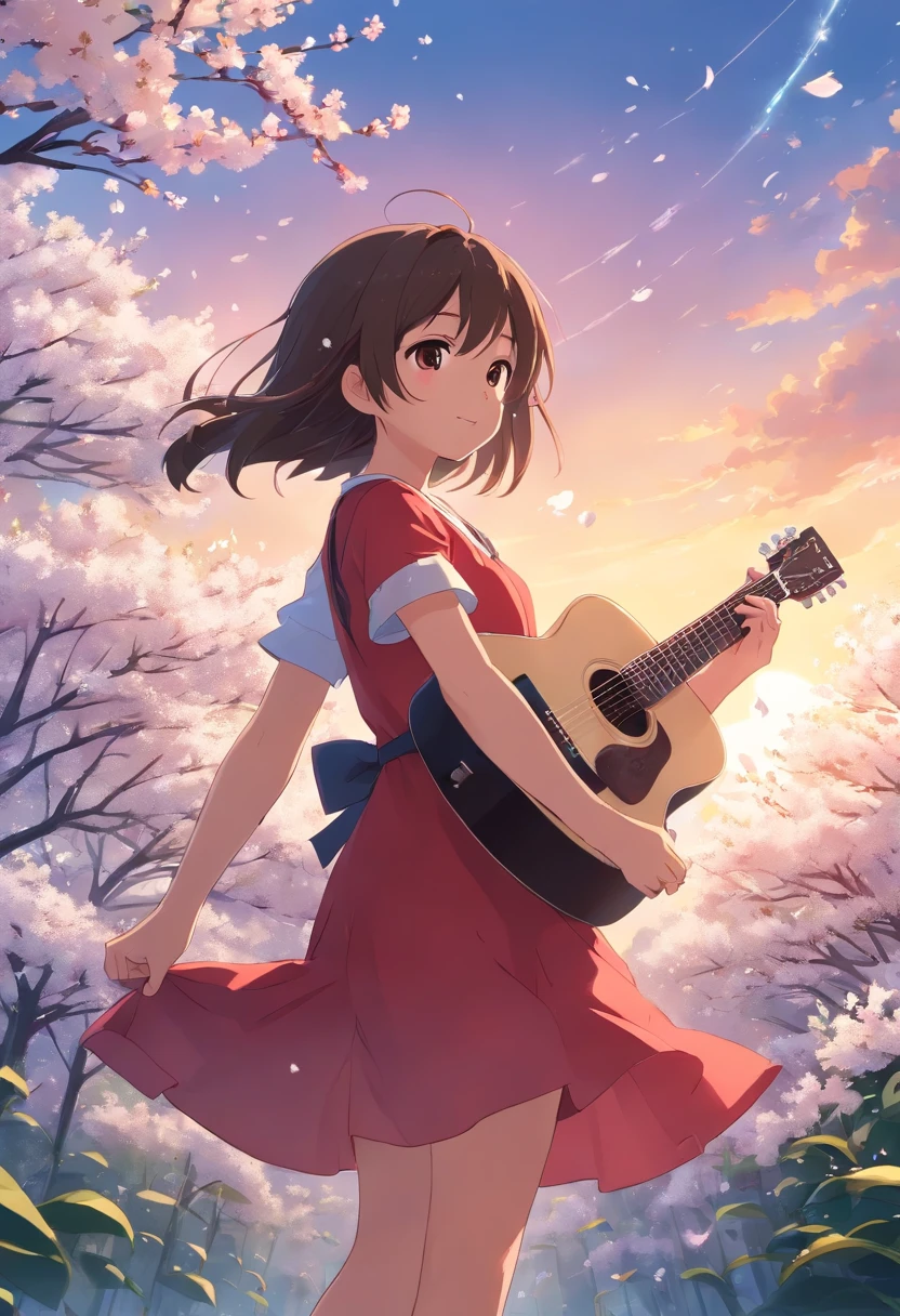 5 years old girl, wears with a red dress, Sing with a guitar, little white blossoms are falling all over the sky,