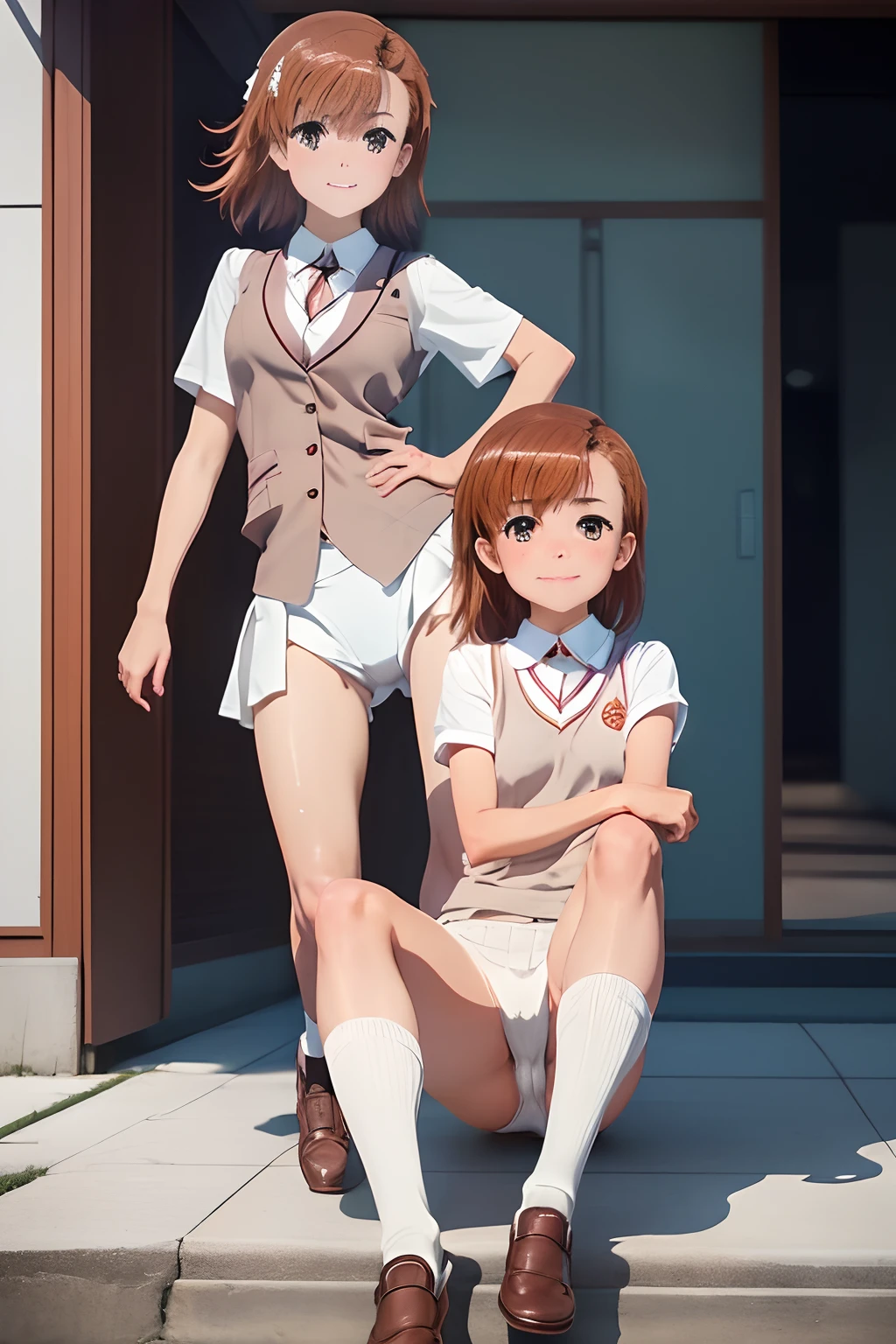 ((NSFW))、((M-shaped legs))、((Open your crotch wide from side to side))、((Opening legs))、(Sweat)、((Shooting from front))、Top image quality、top-quality、8K picture quality、masterpiece、(((1girl in)))、full body Esbian、7headed body、Misaka Mikoto、A smile、embarrassed from、red blush、shorth hair、small tits 、Short sleeve blouse、vests、((white panties))、(((Cameltoe)))、(Love Juice)、(urethra)、(uterus)、((highleg))、((White loose socks))、((Brown loafers))、((No skirt))、In the street、profetional lighting、Professional filming、