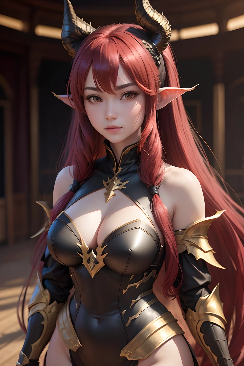 A mysterious forest,Between the branches hide huge trees and magical creatures, 8K, High quality (8k, RAW photo, best quality, masterpiece:1.2), (realistic:1.3), (photorealistic:1.3), ultra-detailed, (high detailed skin:1.2), 8k uhd, dslr, soft lighting, high quality, film grain, Fujifilm XT3, best quality, beautiful lighting, 1girl, dragon horns, long hair, twintails, (red hair), messy hair, yellow eyes, tight dragon scale armor, medium breasts, pointy ears, black gloves, smug, standing, royal room, medium breasts,